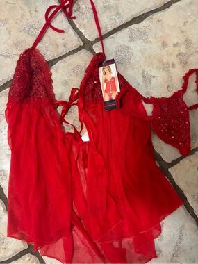 Red Sequin Mesh Babydoll sheer Set electric lingerie vintage NWT one size teddy